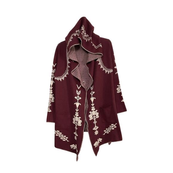 MAXSPORT Sweaters - MAXSPORT Open Front Hooded Wool Cardigan Sweater Women Size Small Red/Cream Boho